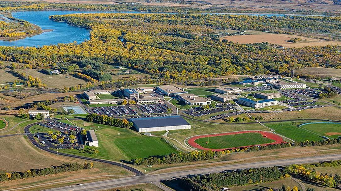 Aerial of University of Mary campus with the highway to the east and the Missouri River to the west 